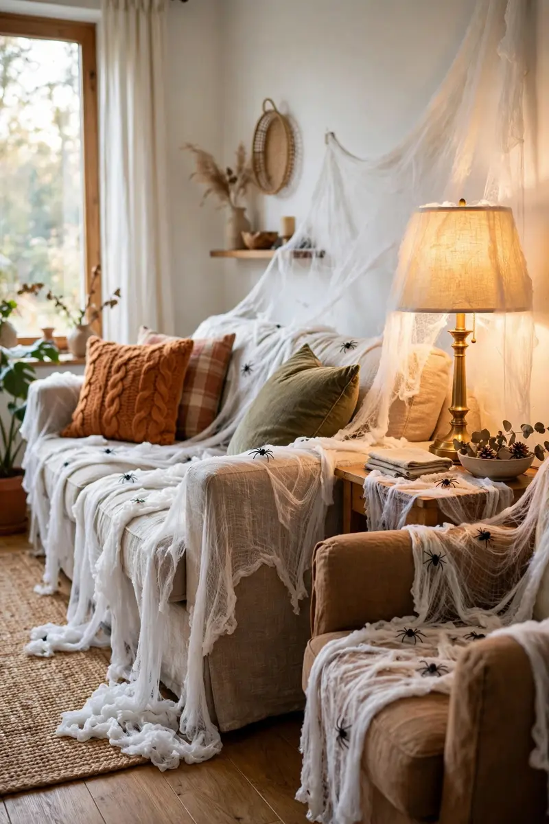 Scary Halloween decor ideas — cheesecloth cobwebs draped over a living room