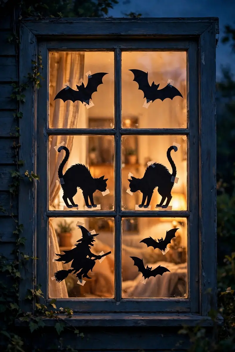 Silhouette window scenes with witch, cats and bats backlit at night