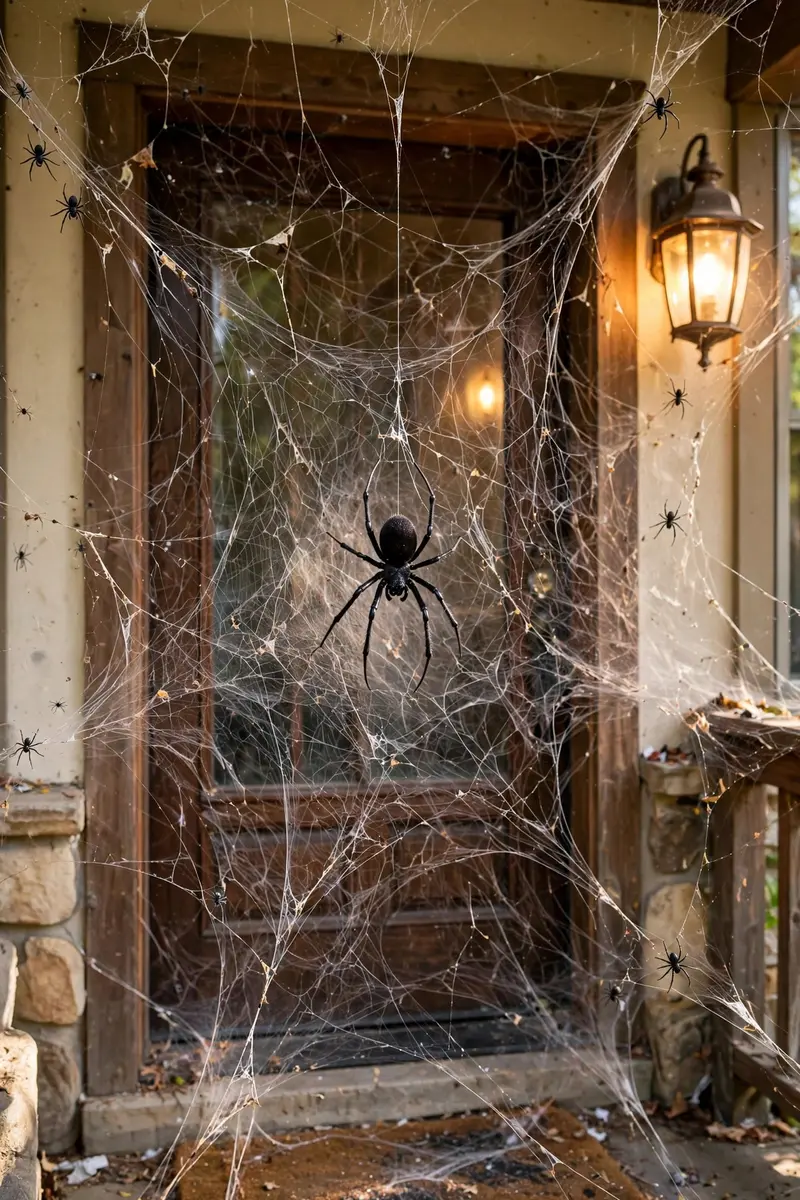 Giant spider web covering a front doorway with a large spider