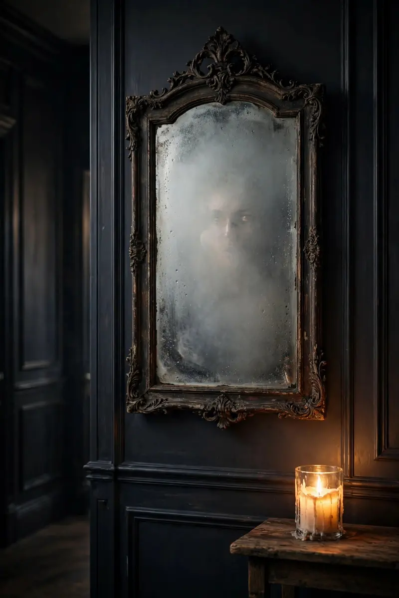 Haunted mirror with a ghostly apparition and flickering candle