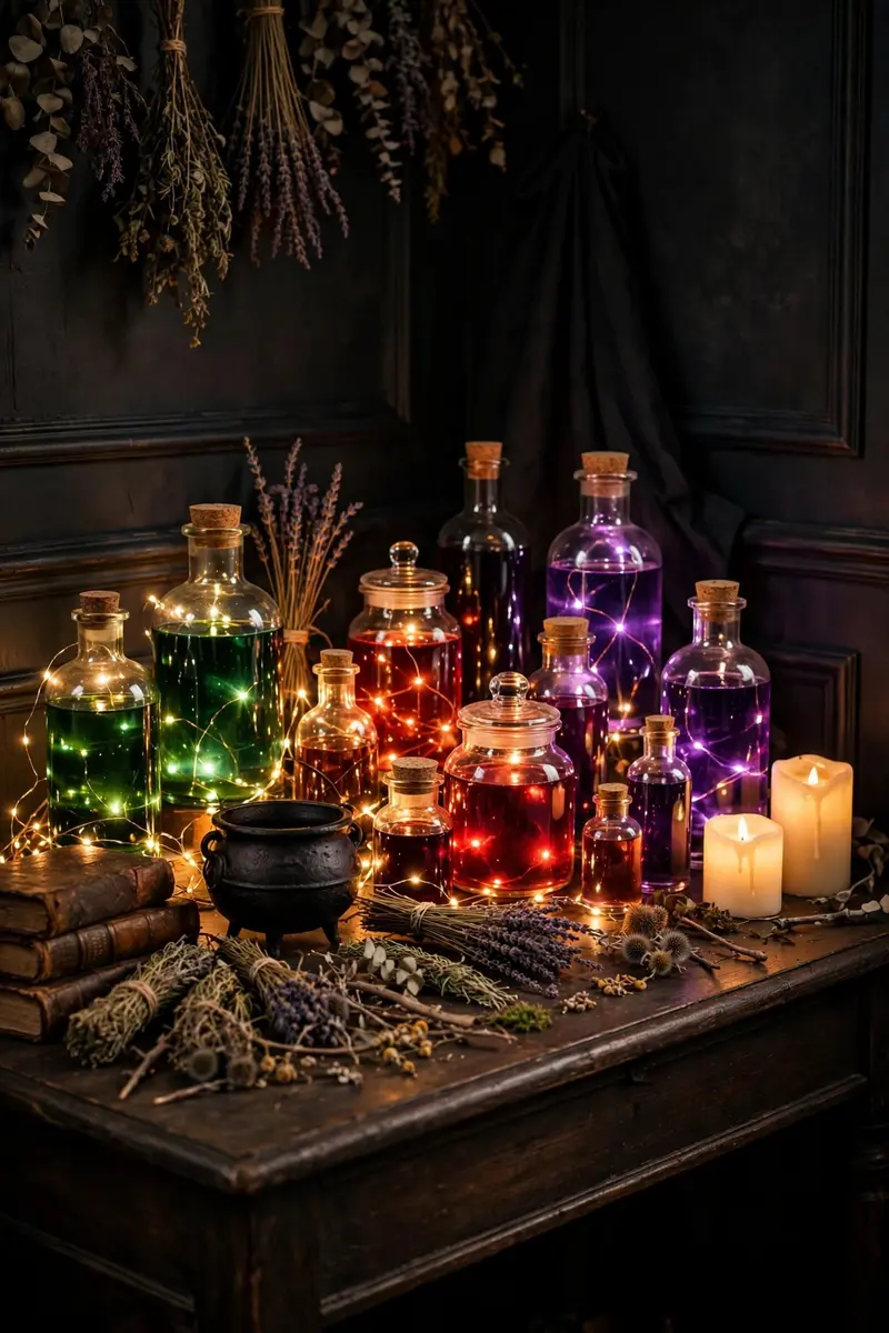 Witch's apothecary potion station with glowing bottles and herbs