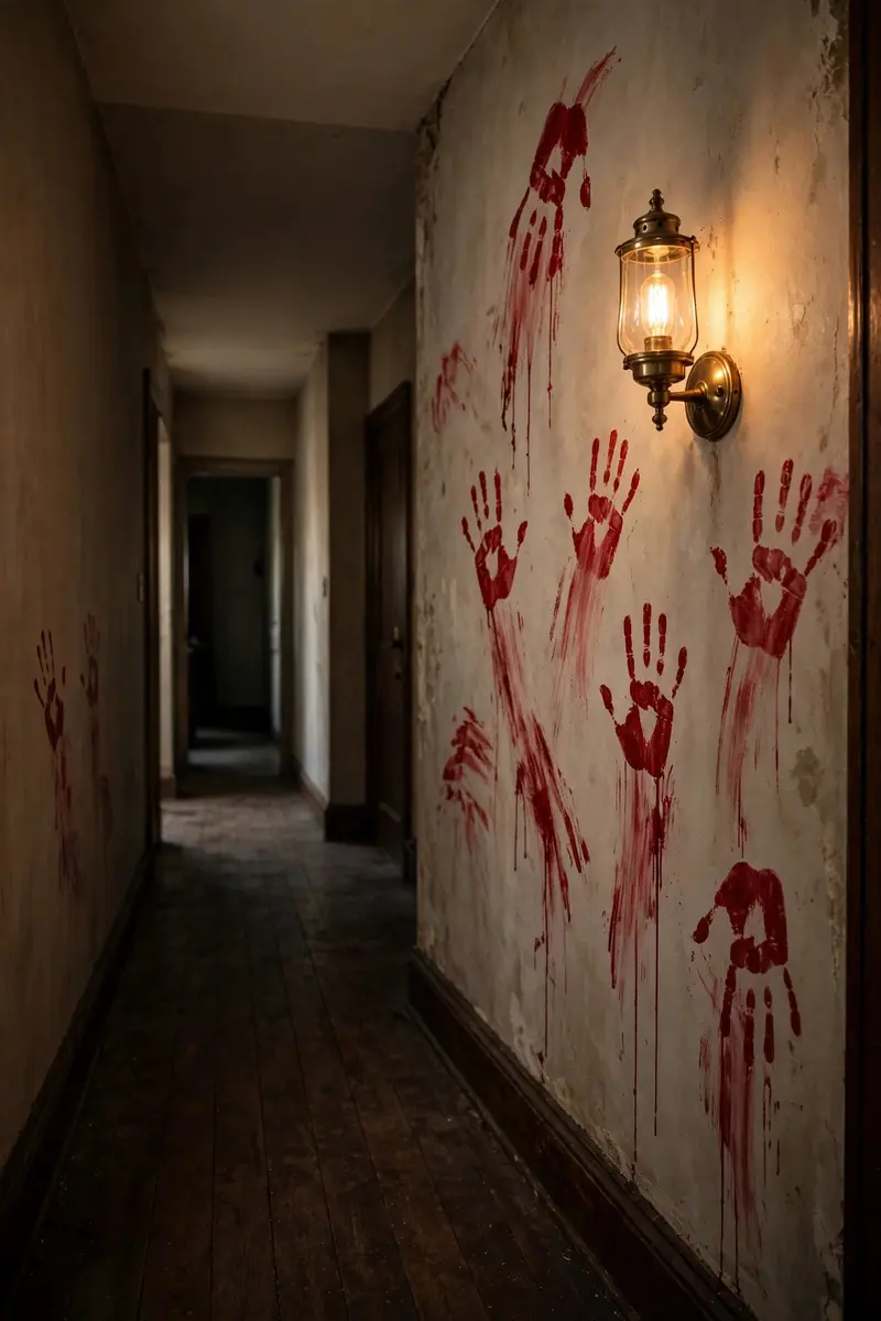 Bloody handprints smeared across a hallway wall