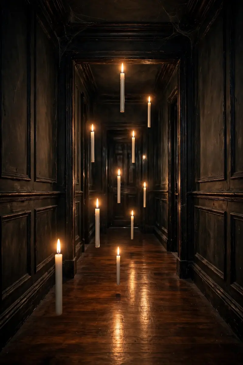 Floating LED candles suspended in a dark hallway