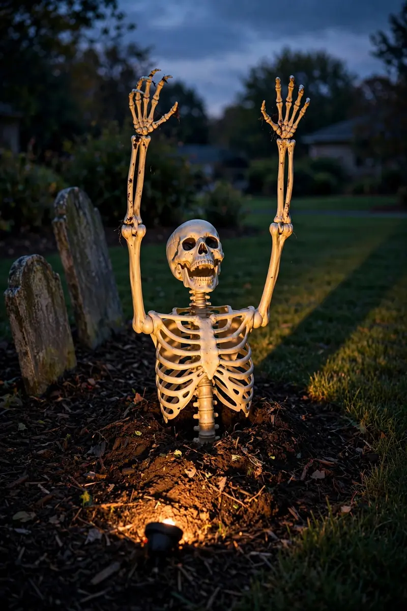Skeleton clawing its way out of the ground in a front yard