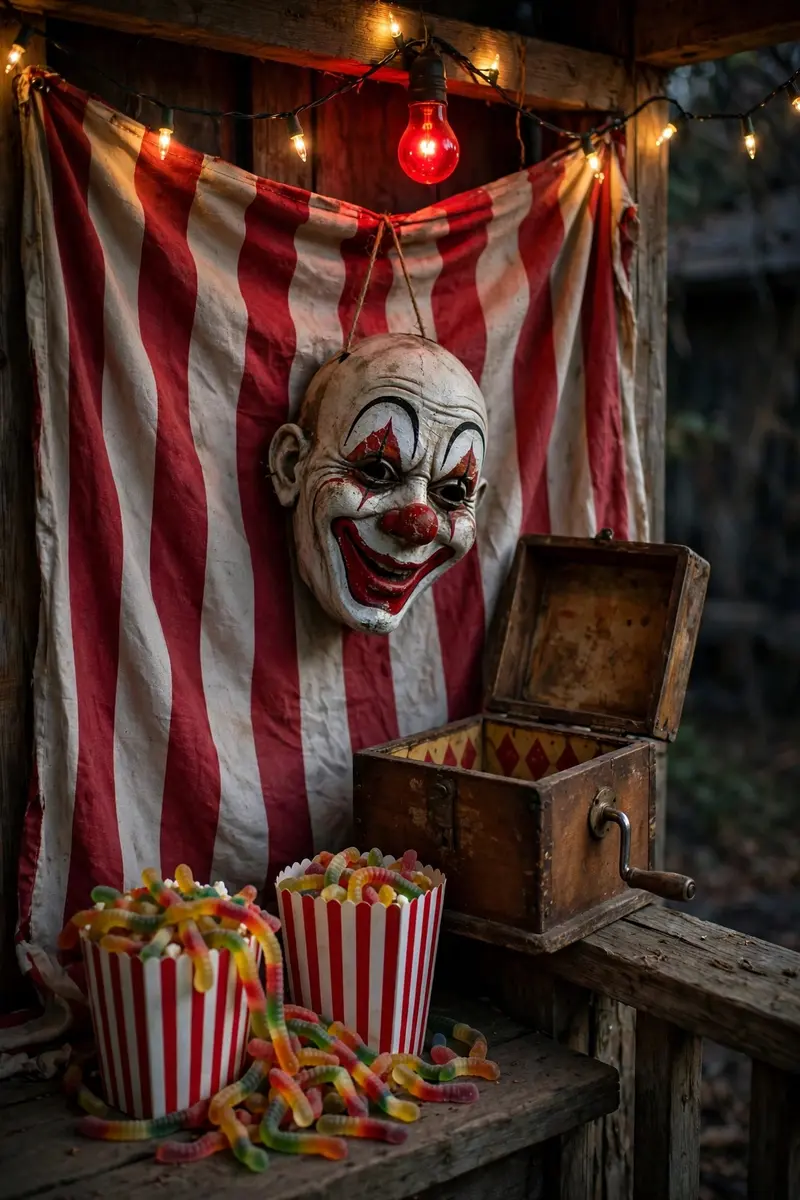 Creepy carnival corner with clown mask and red bulb
