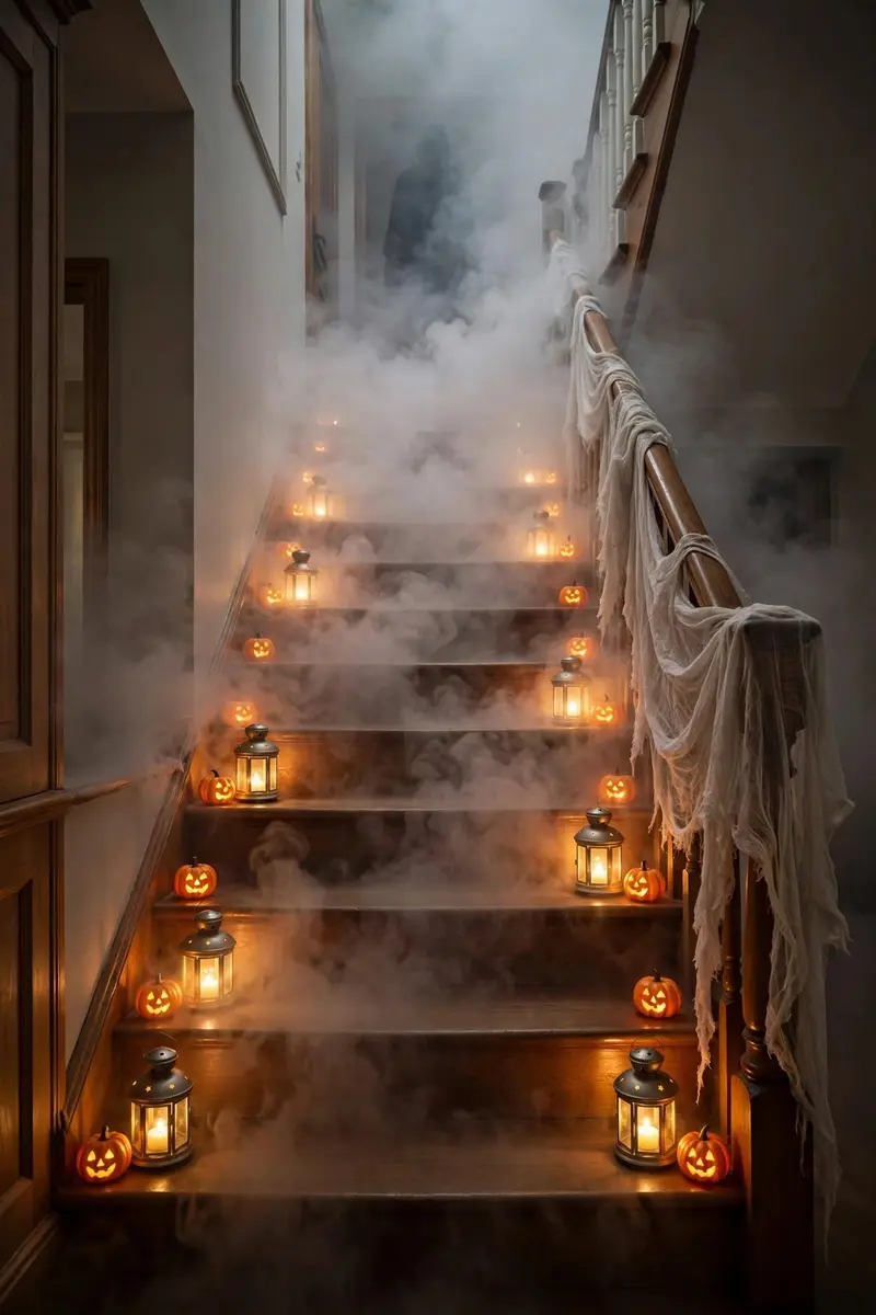 Fog-filled staircase with lanterns and pumpkins