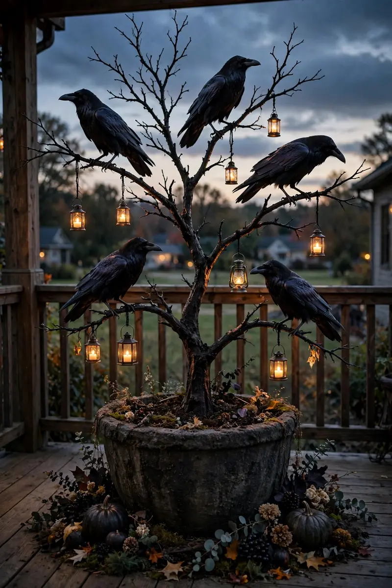 Black raven tree with hanging lanterns on a porch
