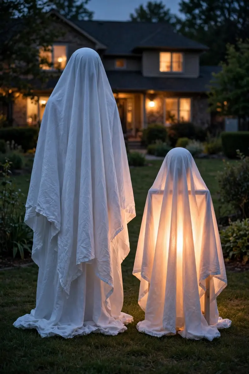 Ghostly sheet figures standing in a yard at dusk