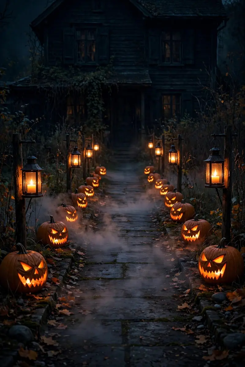 Walkway lined with flickering lanterns and jack-o-lanterns