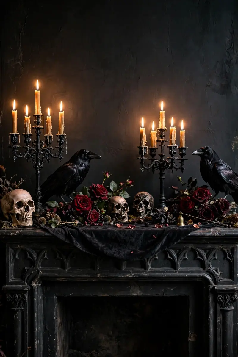 Gothic candelabra mantel with skulls and ravens