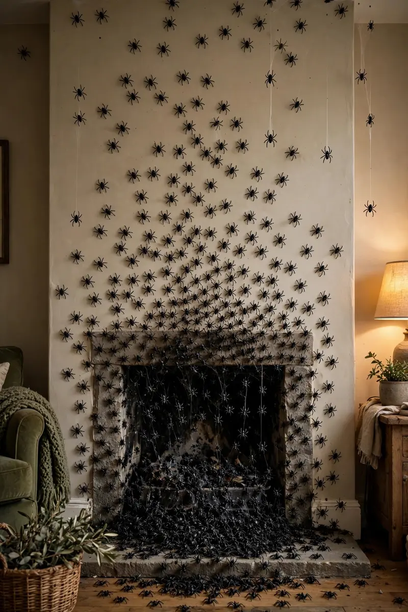 Wall swarming with small spiders above a fireplace