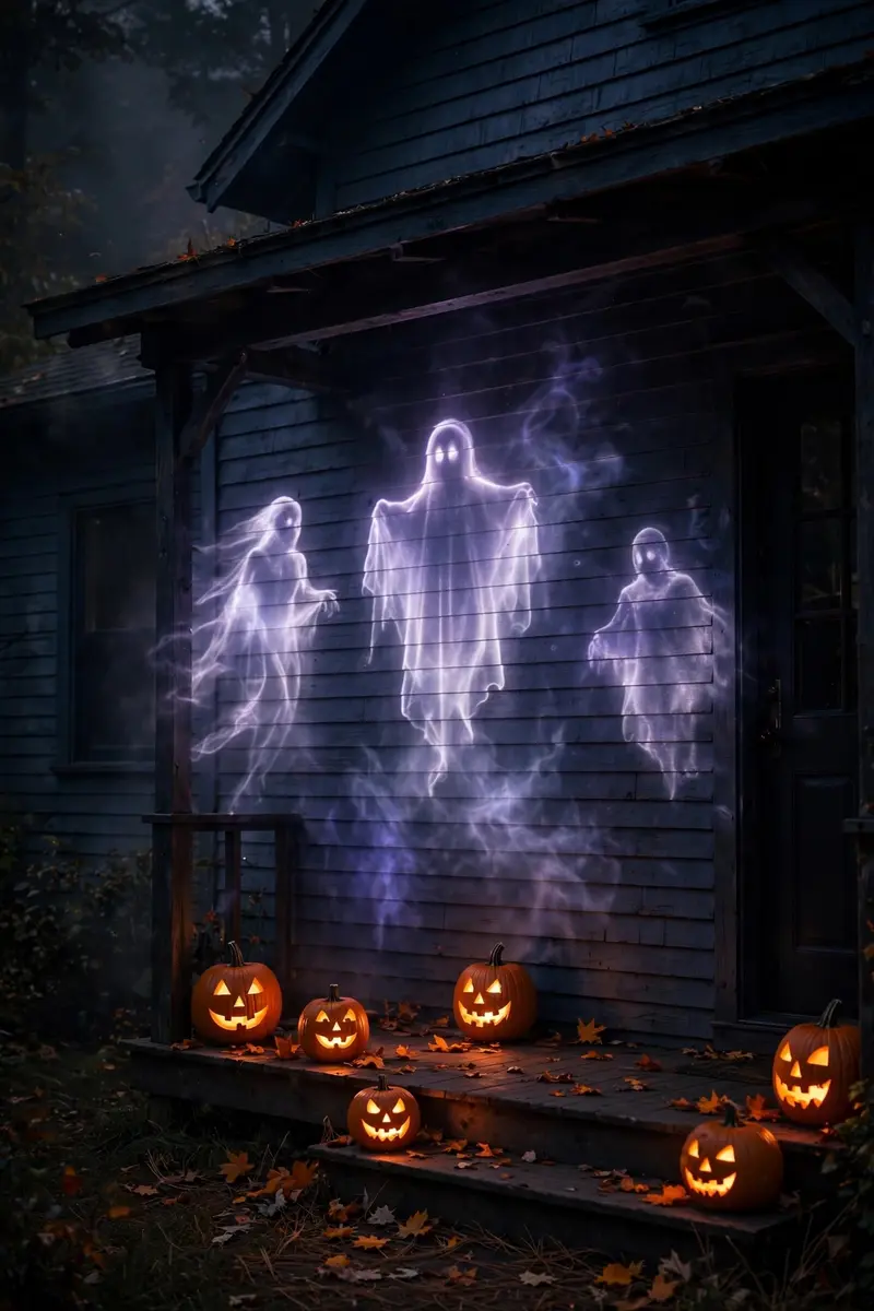 Ghostly phantoms projected onto a house exterior at night