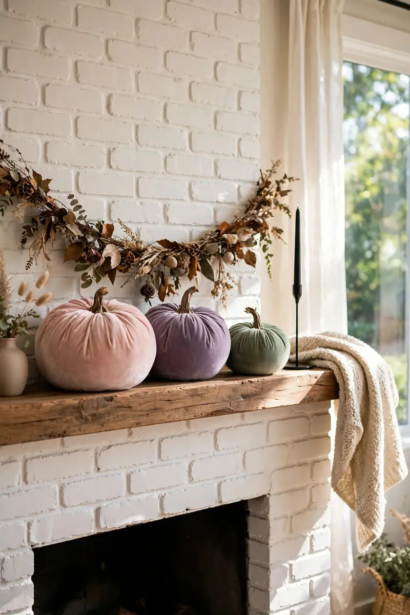 Cute Halloween decor ideas — pastel velvet pumpkins in blush, lavender and sage on a white brick mantel