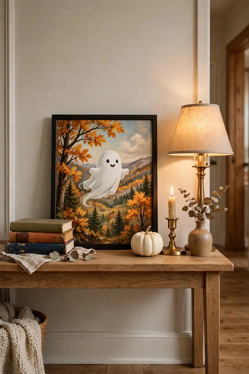 Cute Halloween decor ideas — framed ghost landscape painting above a console table
