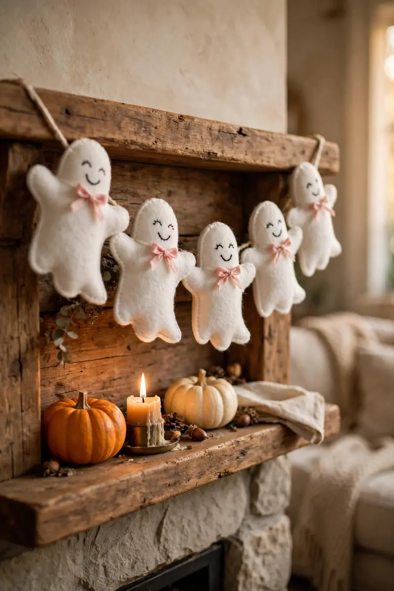 White felt ghost garland with blush bows draped on a wooden mantel