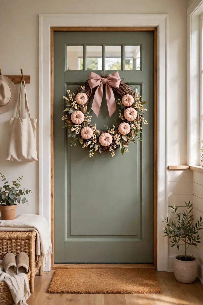 Blush bow wreath with pastel mini pumpkins on a front door