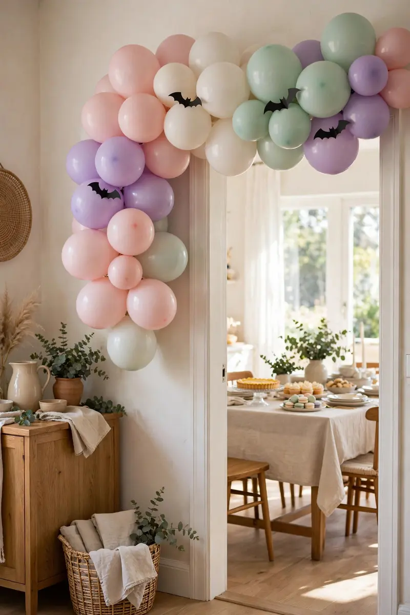 Pastel balloon garland in blush, lavender and mint over a doorway with paper bats