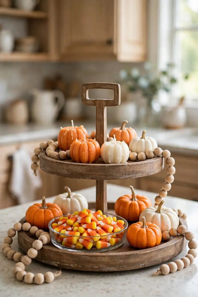 Halloween tiered tray styled in candy corn colors with mini pumpkin candles