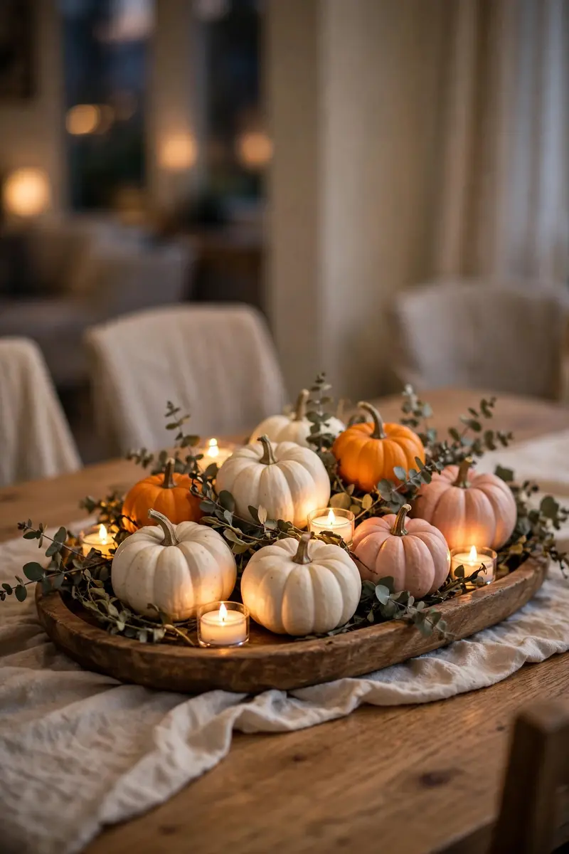 Mini pumpkins in white, orange and blush with glowing tea lights as a dining centerpiece
