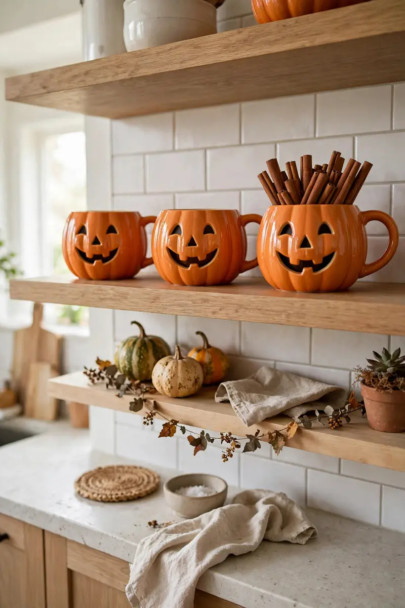 Open kitchen shelves with cute pumpkin-shaped Halloween mugs