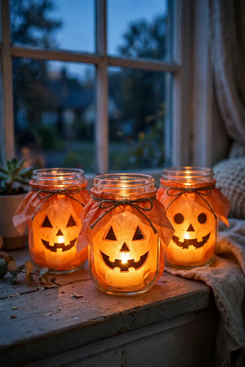 Tissue paper jack-o'-lantern jars glowing on a windowsill at dusk