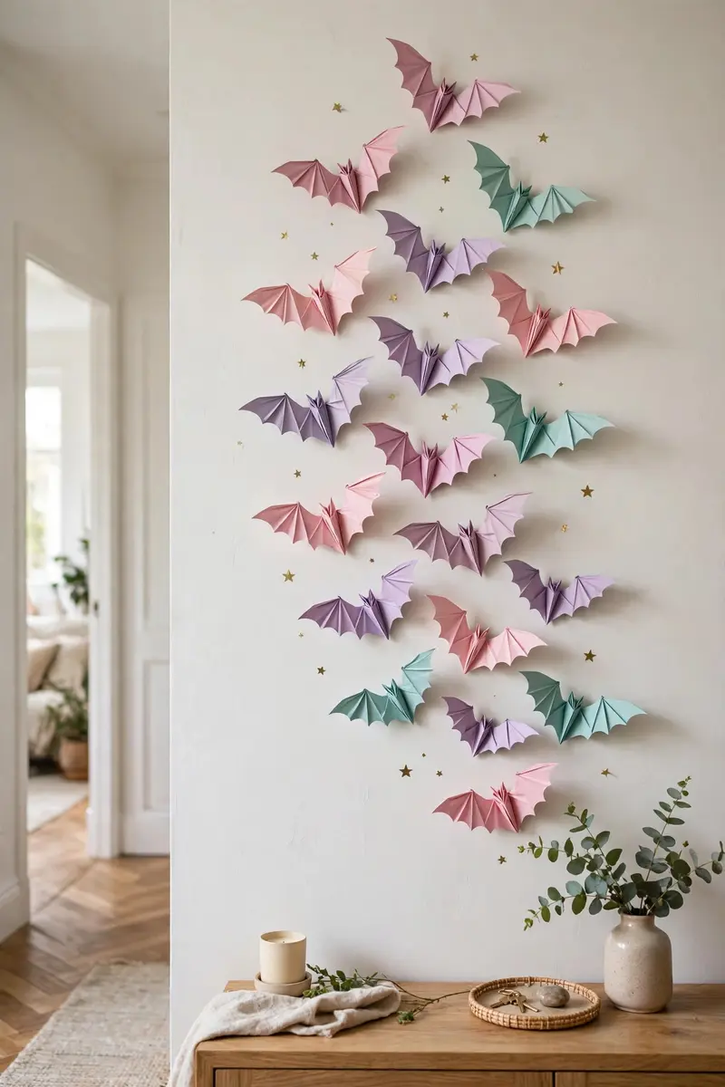 Pastel pink, lavender and mint paper bats swooping up a hallway wall
