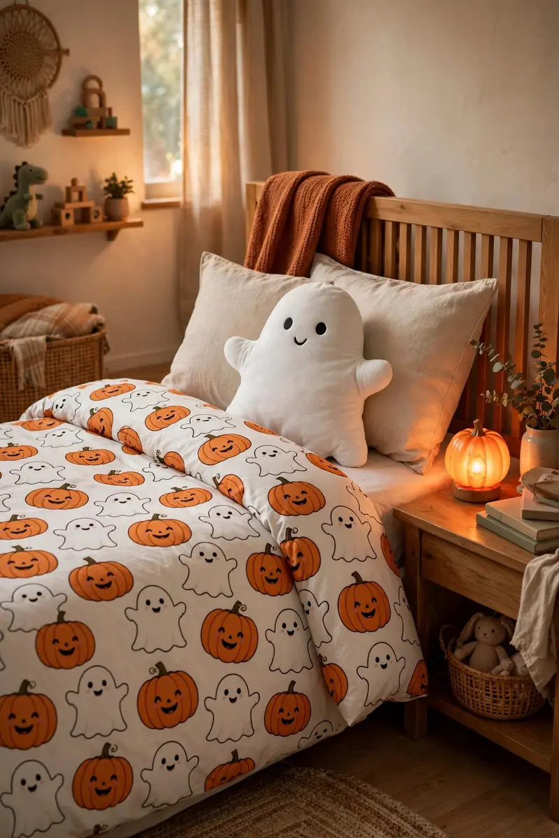 Child's bedroom with Halloween bedding featuring smiling pumpkins and friendly ghosts