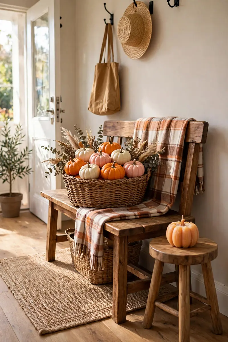 Woven basket of mini pumpkins on an entryway bench with a plaid throw