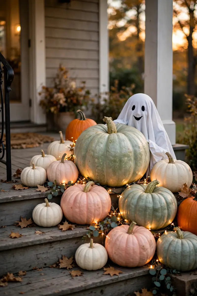 White, blush and pale-green pumpkins on porch steps with warm fairy lights