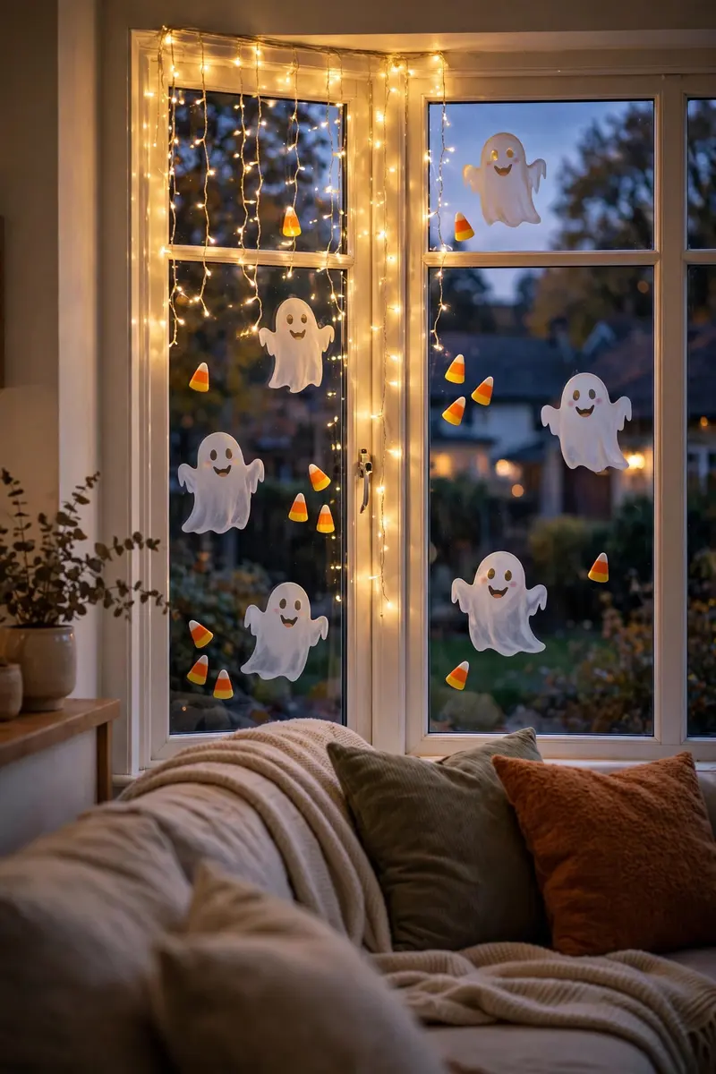 Smiling ghost window clings backlit by warm fairy lights at dusk