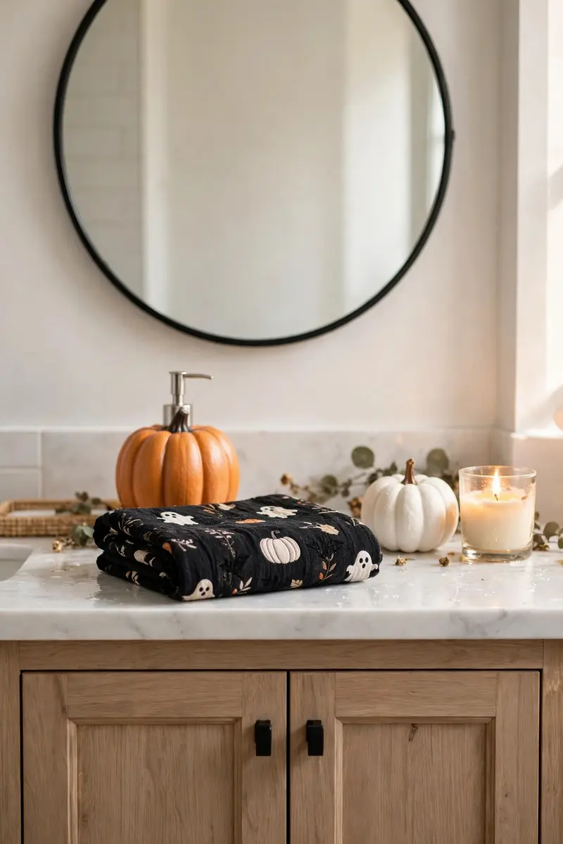 Bathroom vanity with pumpkin soap dispenser and Halloween hand towel