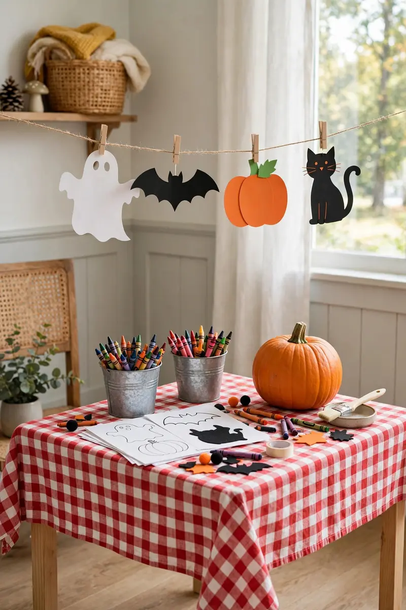 Kids' Halloween craft table with gingham cloth, paint pumpkin and crayons