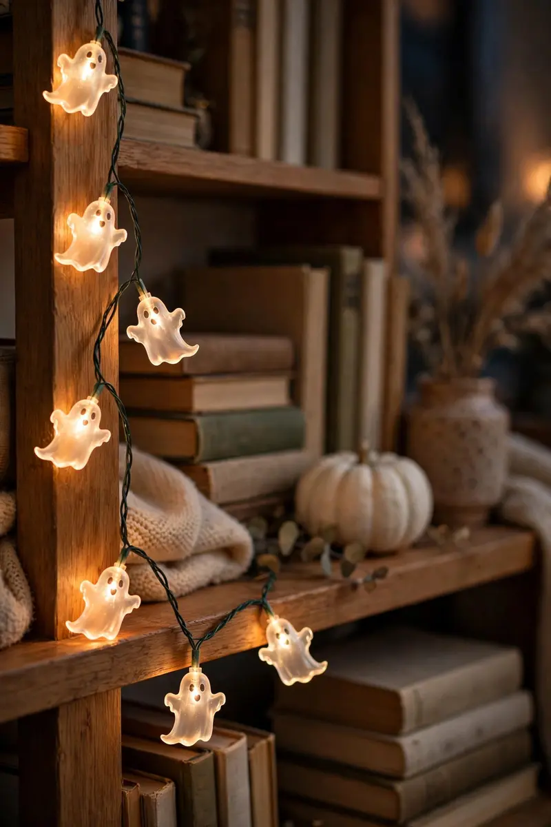 Glowing ghost-shaped fairy lights draped over a bookshelf