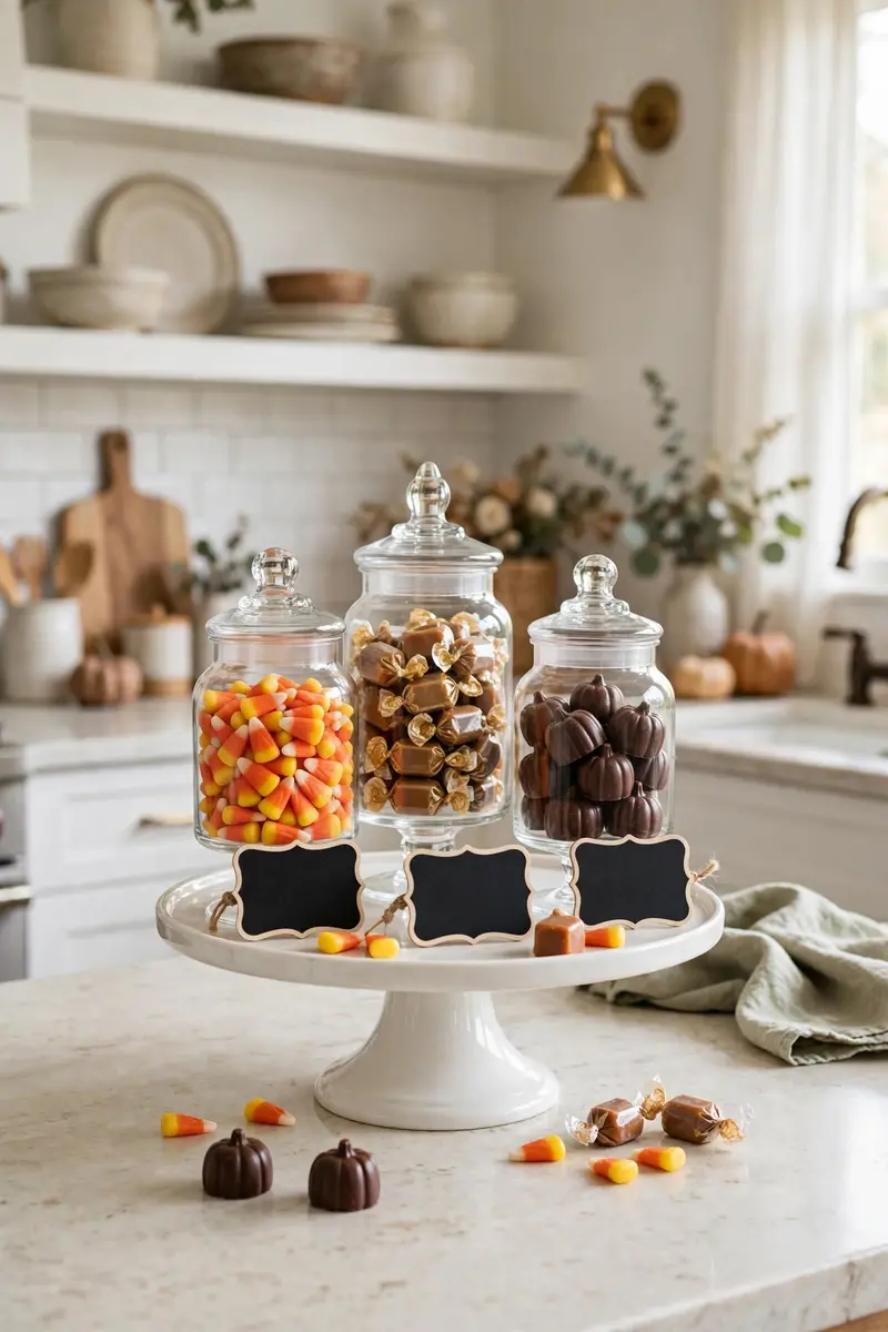 Glass apothecary jars of Halloween candy styled on a cake stand