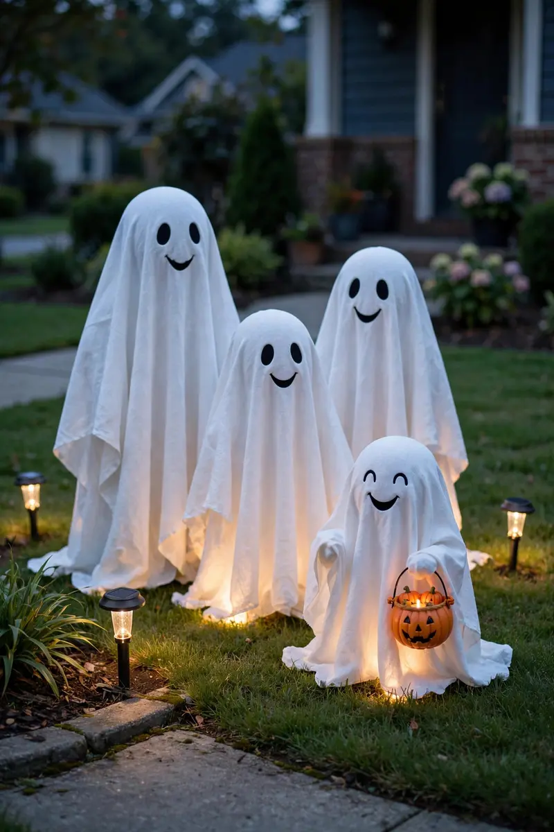 Smiling ghost yard figures glowing under solar spotlights at dusk