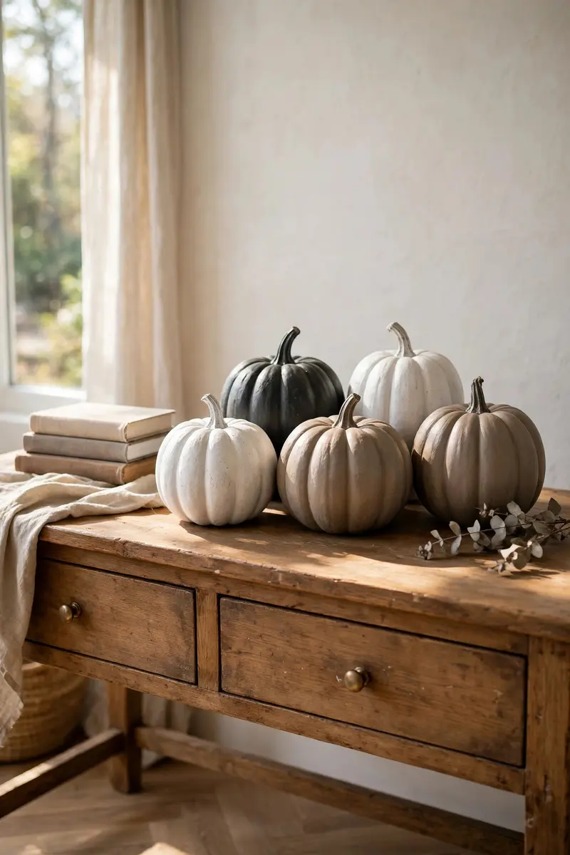 Dollar store Halloween decor ideas — faux-ceramic chalk-painted pumpkins in bone white and charcoal on a wooden console table