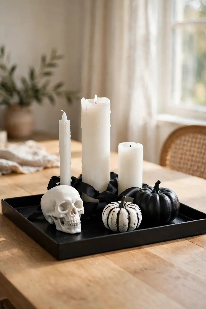 Black-and-white Halloween vignette tray with candles, skull, and mini pumpkins on a dining table