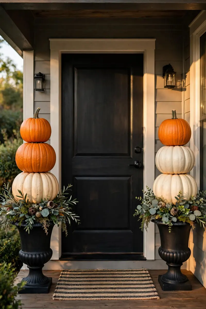 Stacked pumpkin porch topiaries in black urns flanking a front door