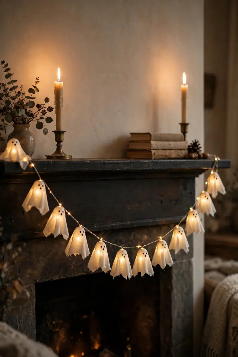Glowing muslin ghost garland with warm fairy lights draped over a fireplace mantel
