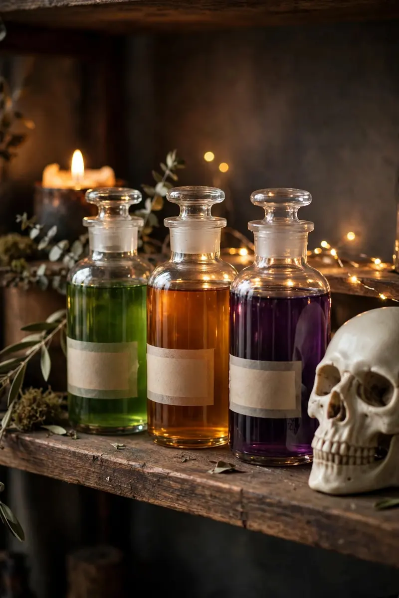 Apothecary potion jars with colored liquids and spooky labels on a shelf with fairy lights