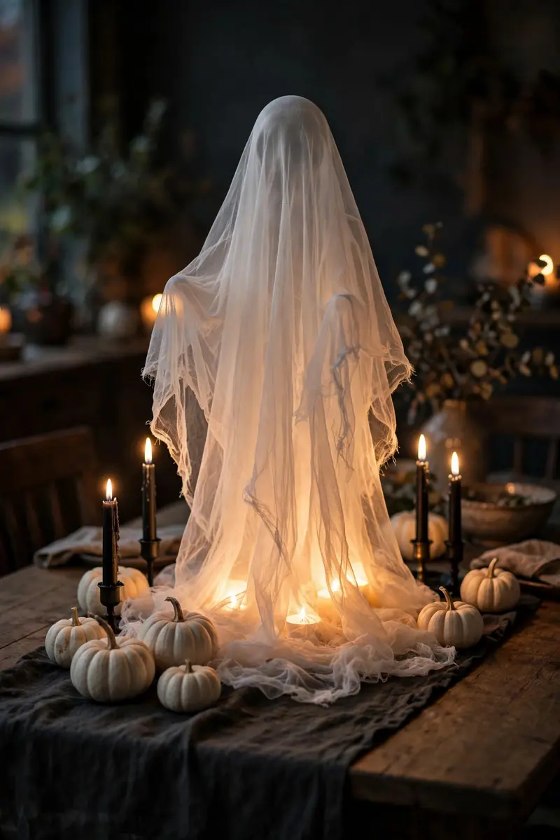 Floating cheesecloth ghost table centerpiece backlit by tea lights with white pumpkins