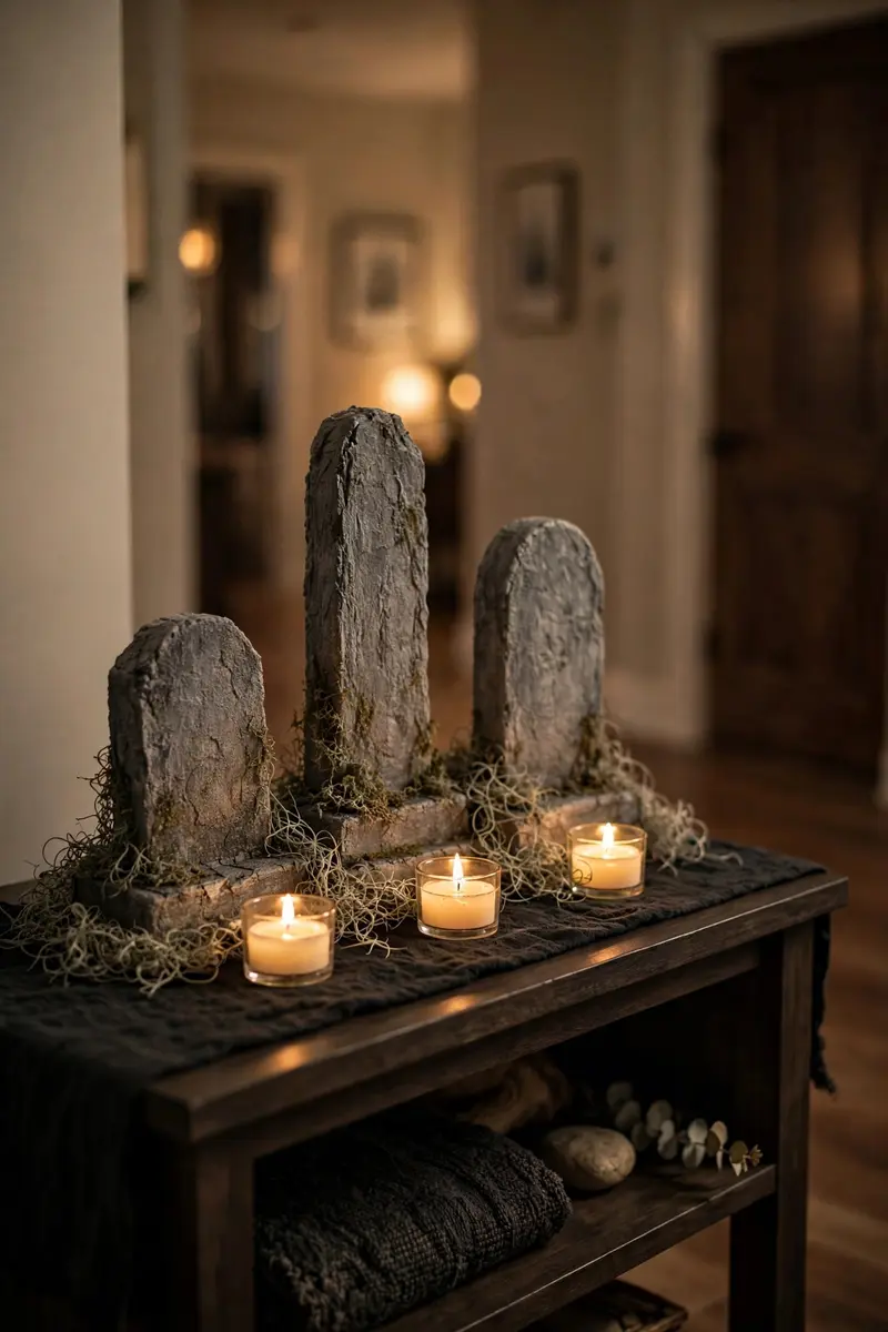 Aged foam tombstones styled as a miniature graveyard on a hallway console table