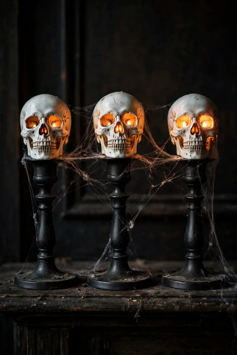 Skull candleholders with flickering tea lights and faux spiderweb on a dark mantel