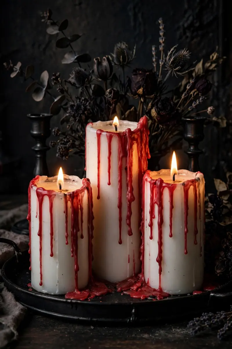 White pillar candles with red blood-drip wax on a black tray with dried florals
