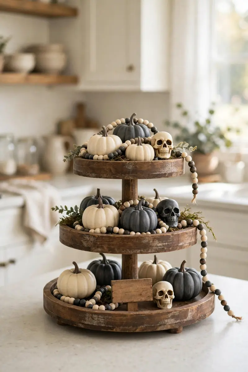 Farmhouse Halloween tiered tray with chalk-painted mini pumpkins, skulls, and bead garland