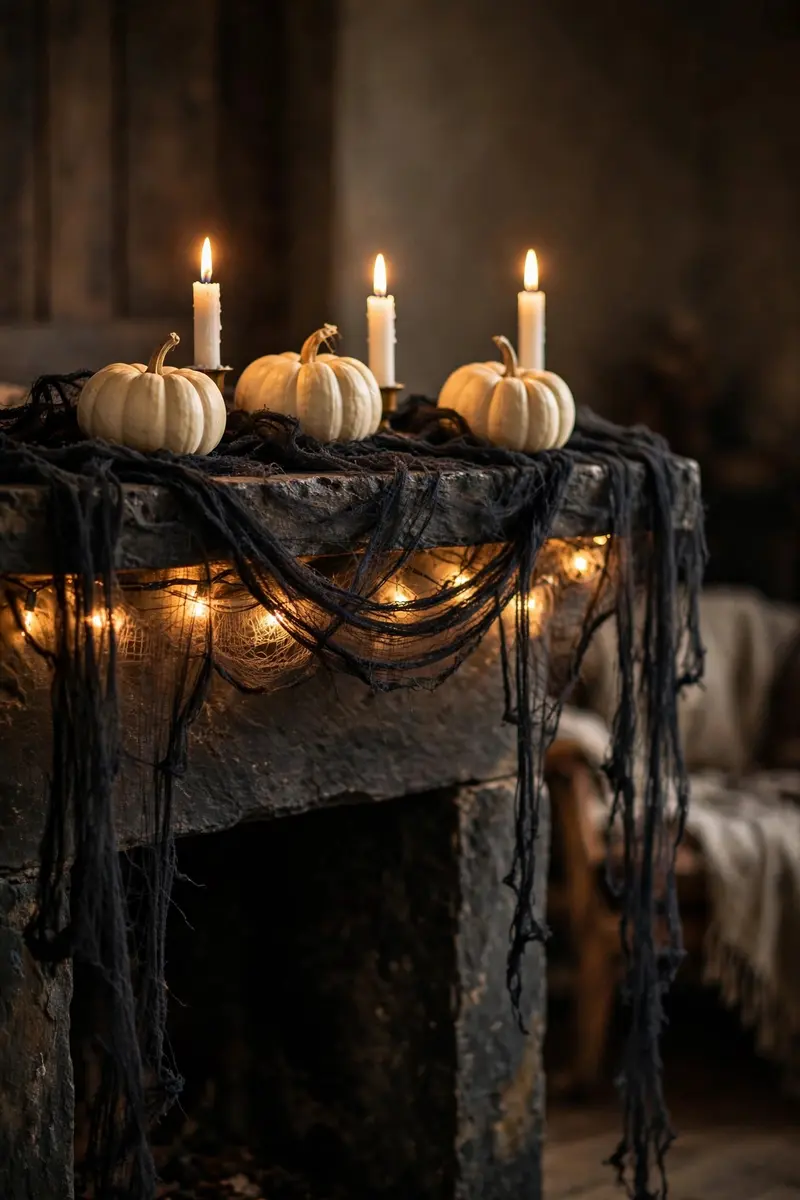 Fireplace mantel draped with black creepy-cloth gauze and glowing string lights