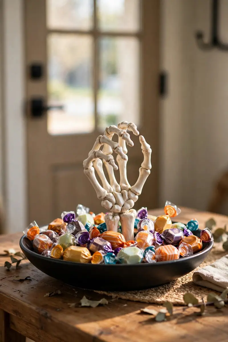 Skeleton hand rising from a candy bowl on an entryway table