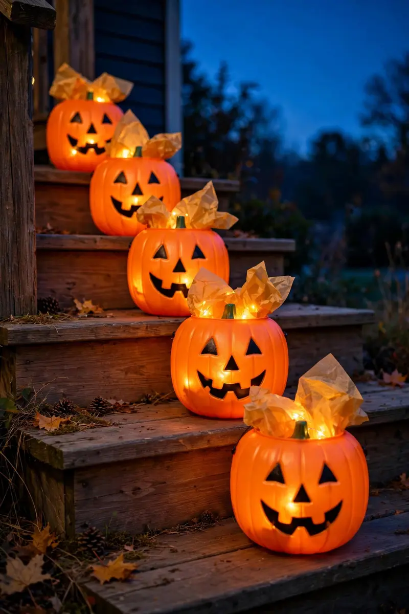 Glowing jack-o’-lantern luminaries made from plastic pumpkin buckets on porch steps at dusk