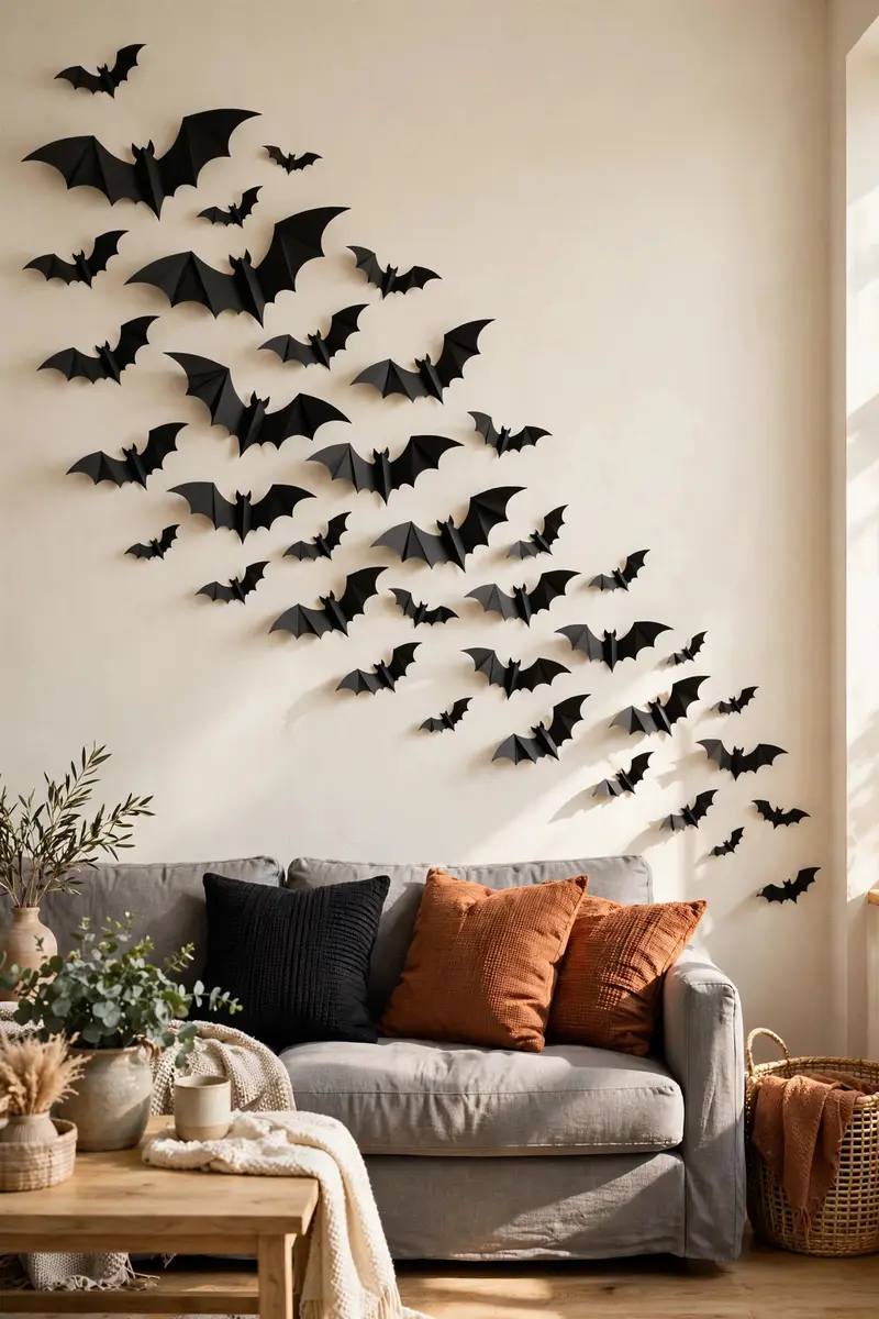 Paper bat swarm flying across a cream living room wall above a gray sofa