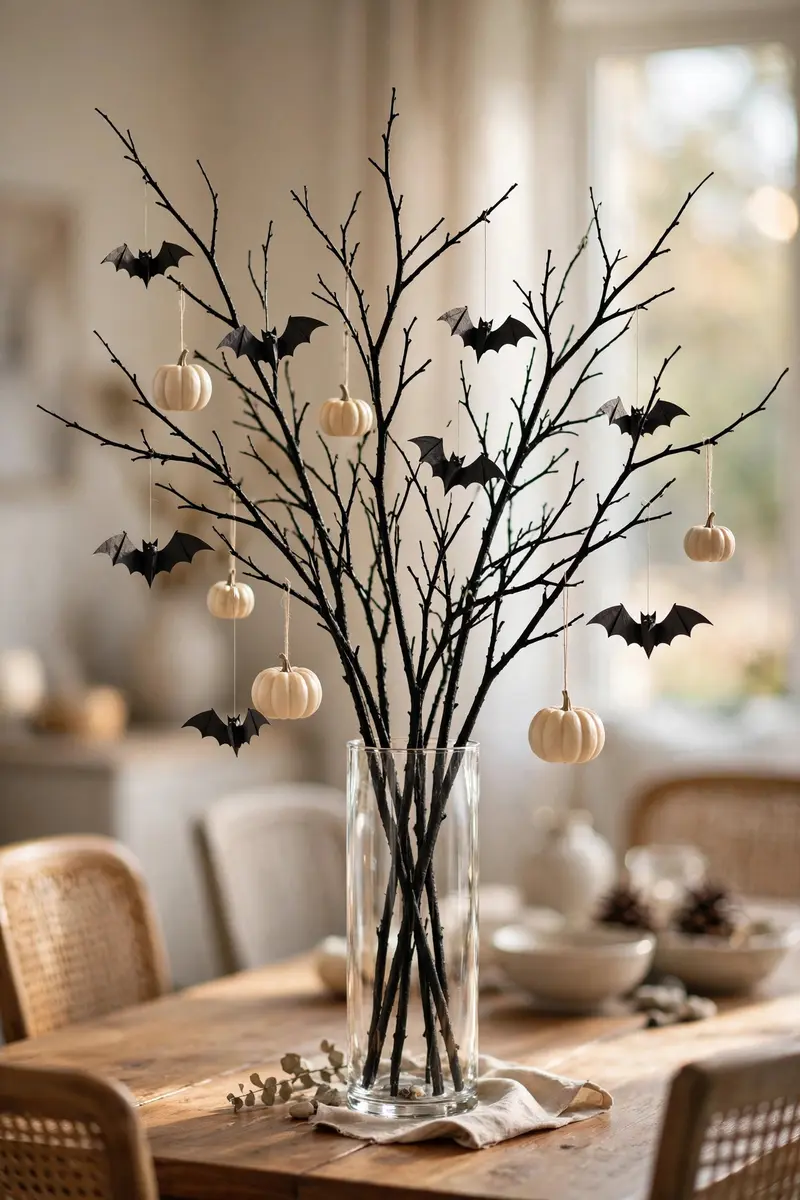 Haunted branch centerpiece with black-sprayed branches, paper bats, and tiny pumpkins in a vase
